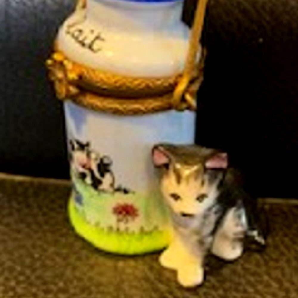 Limoges Porcelain Box Cat Cow Milk Jug & Bottle - Picture 4 of 7
